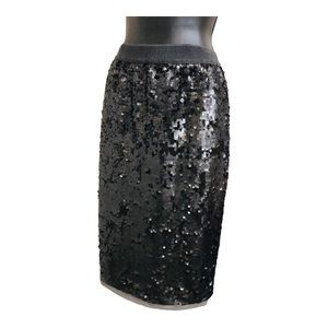 Black full sequined lace trim elastic banded waist pencil skirt‎ size small new